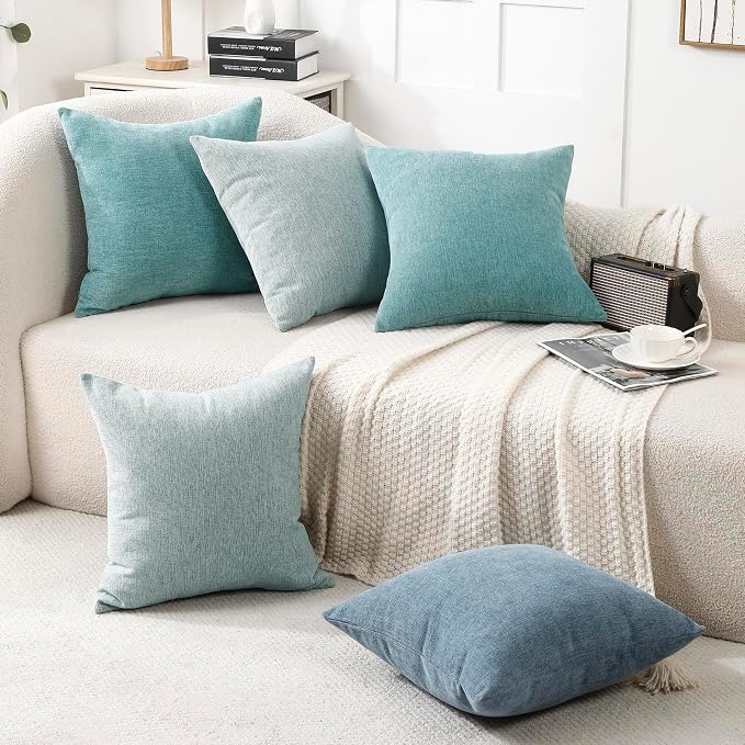 Pack of 2 Decorative Chenille Throw Pillow Covers, 24x24, Turquoise | Square Soft Cozy Concise Pillow Covers Modern Farmhouse Couch Cushion Cases for Sofa Bed Living Room Home Decor