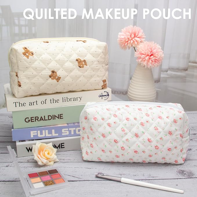 PAZIMIIK Small Quilted Makeup Bag,Zipper Cosmetic Pouch,Gauze Rose | Lightweight Cosmetic Bag Organizer for Women,Purse Storage Holds Makeup,Toiletries,Skincare,Beauty Essentials,Travel Items