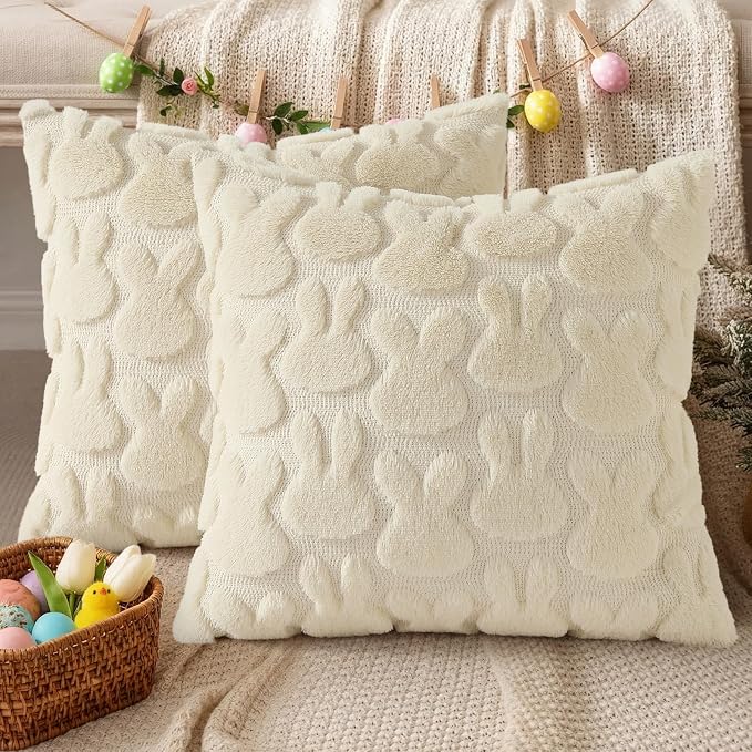 decorUhome Beige Faux Fur Bunny Throw Pillow Covers 20X20 Set of 2 | Plush Soft Wool Jacquard Beige Rabbit Cushion Covers, Modern Farmhouse Easter Holiday Decor PillowCases for Sofa Bed