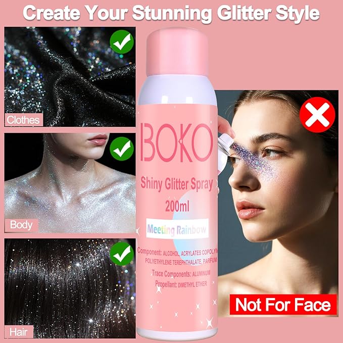 Boko Body Glitter Spray, 200ML Holographic Silver Glitter Spray for Body Hair Clothes, Long-Lasting Body Shimmer Glitter Hairspray for Festival Party Concert Shiny Pride Makeup Rave Accessories