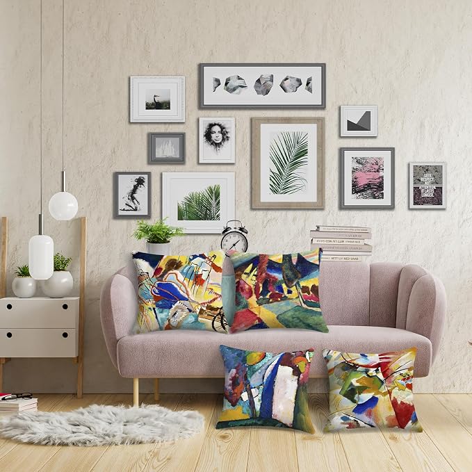 Wassily Kandinsky Abstract Pillow Covers 18x18 Inch Set of 4 Landscape with Two Poplars The Waterfall Painting Decorative Cushion Covers for Sofa Couch
