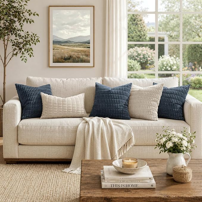 MIULEE Corduroy Decorative Throw Pillow Covers 16x16 Blue Pack of 2 | Soft Boho Striped Pillow Covers Modern Farmhouse Coastal Home Decor For Sofa Living Room Couch Bed