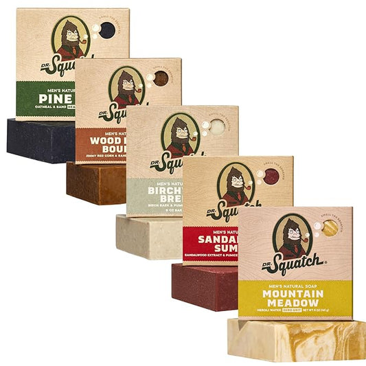 Dr. Squatch Natural Men’s Bar Soap - Cold Process Body Soap Bar with Natural Oils - Gifts for Men - Sandalwood Summit, Pine Tar, Birchwood Breeze, Wood Barrel Bourbon & Mountain Meadow (5 oz, 5-Pack)