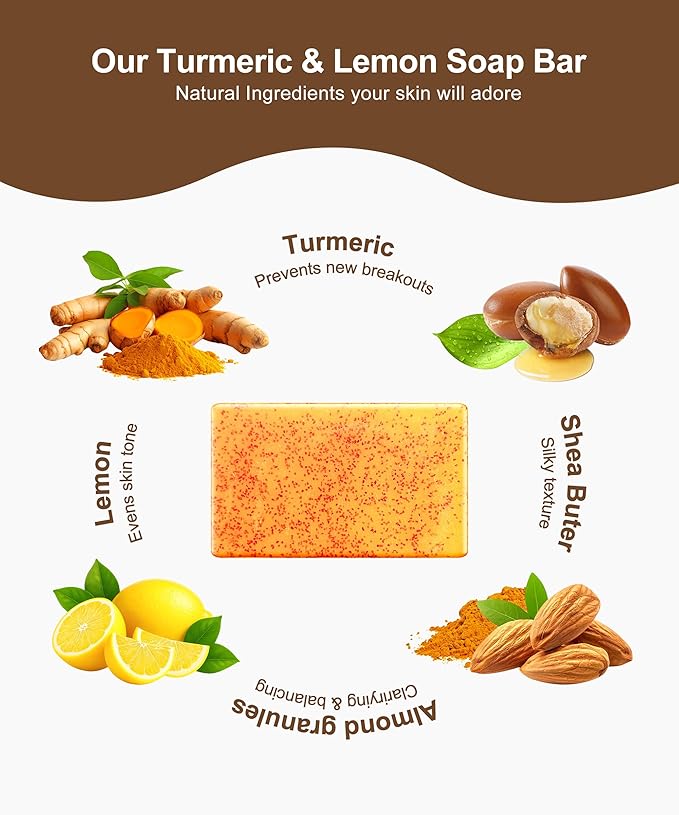 Lemon Turmeric Kojic Acid Soap, 4 Pcs Turmeric Soap Bar Infused with Hyaluronic Acid, Vitamin C，E, Shea Butter for Face & Body Deeply Clean, 3 Foam Nets