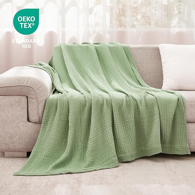 EMME Muslin Blankets for Adults Throw Blanket for Couch Breathable Gauze Soft Lightweight Airy Sage Green Throw XL 50" x 71"