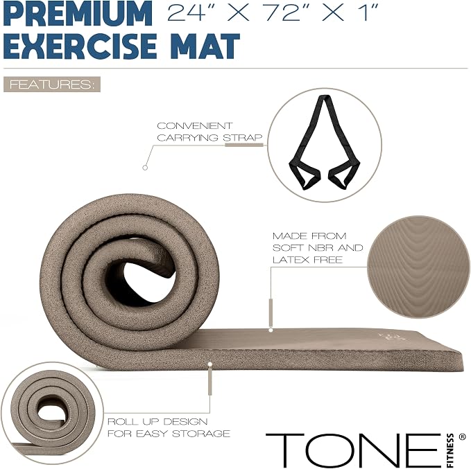 Tone Fitness 1-Inch Thick Yoga Mat | High-Density, Non-slip Exercise Mat with Carrying Strap for Yoga, Pilates, & Home Gym Workouts | Multiple Options