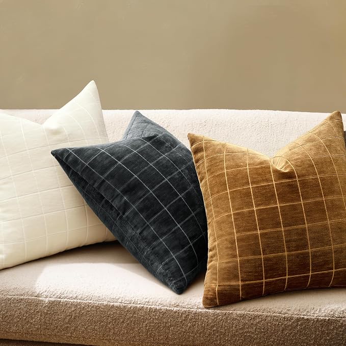 MIULEE Black Plaid Decorative Euro Throw Pillow Covers 24x24 Set of 2 | Vintage, Check Chenille Couch Pillows, Neutral Boho Farmhouse Cushion Covers, Modern Home Decor for Sofa Bed Living Room