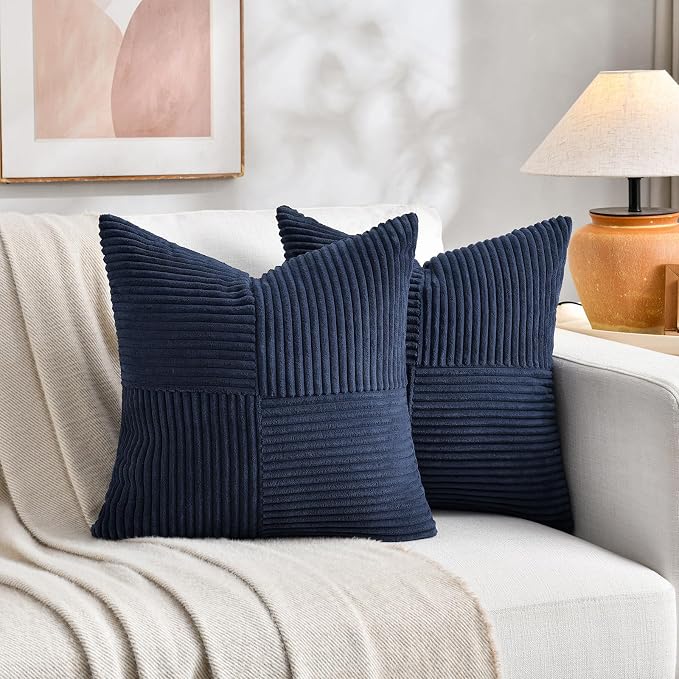 Fancy Homi Set of 1 Navy Blue Square Decorative Throw Pillow Covers 14x14 Inch for Living Room Bedroom Couch Bed Sofa, Soft Striped Corduroy Modern Rectangle Accent Cushion Case 35x35 cm