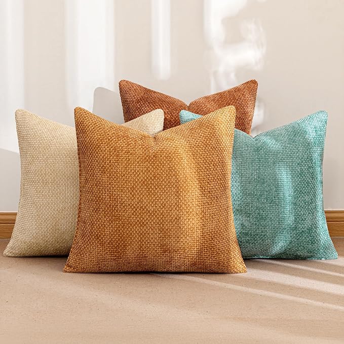 MIULEE Soft Decorative Chenille Fall Pillow Covers Beige Orange Teal 20x20 | Pack of 4，Rustic Home Decor, Retro Vintage Set, Couch Throw Pillows, Farmhouse Boho Cushion Covers for Sofa Bed Living Room