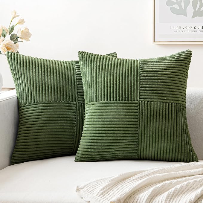MIULEE Moss Green Decorative Throw Pillow Covers for Couch 16x16 Inch | 2 Pack, Boho Farmhouse Pillow Covers, Soft Cross Corduroy Patchwork Textured Cushion Cases For Bed Sofa