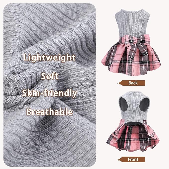 PUPTECK Cute Soft Plaid Dog Dress with Bow Puppy Skirt Clothes, Grey Pink L | Breathable Lightweight Adorable Puppy Doggie Pet Clothes Outfits Apparel Costume for Small Medium Large Dogs Girl