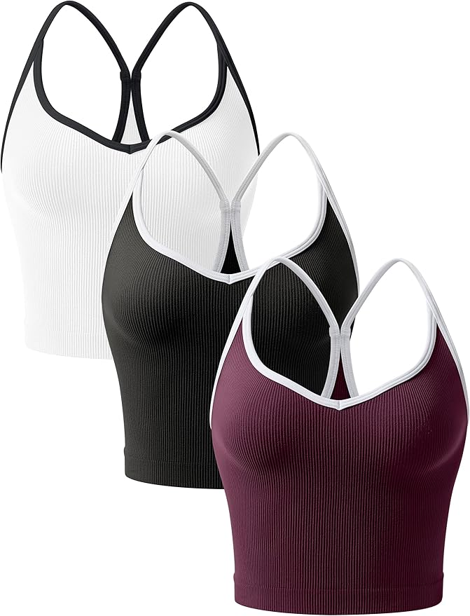 OLCHEE Womens 3PK Crop Tank Tops Seamless Ribbed Sweetheart Neck Racerback Spaghetti Straps Contrast Trim Workout Yoga Cami