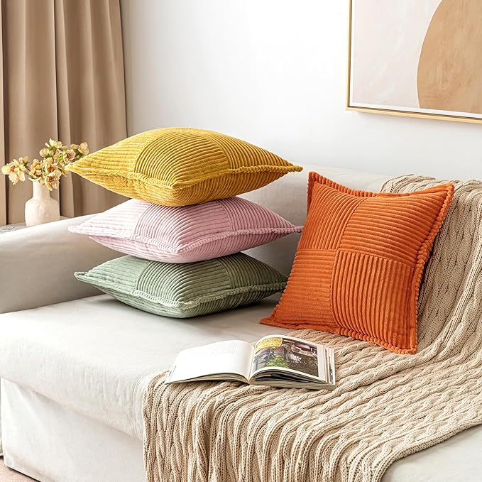 MIULEE Decorative Throw Pillow Covers for Couch 18x18 Inch Pink 2 Pack | Boho Broadside Striped Patchwork Pillow Covers, Soft Corduroy Cushion Cases, For Sofa Bed Livingroom Home Decor