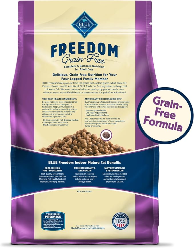 Blue Buffalo Freedom Grain-Free Dry Cat Food for Mature Cats, Complete & Balanced Nutrition for Mature Cats, Chicken Recipe, 11-lb. Bag