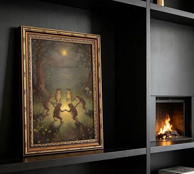 Vintage Gold Framed Frog Wall Art,Frogs Dancing in Moonlight Forest Painting Canvas Prints,Whimsical Animal Wall Decor,Retro Country Toad Poster Artwork for Corridor Living room Bedroom Kitchen