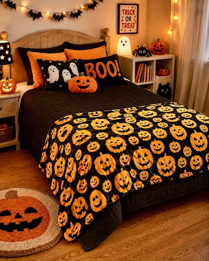 Halloween Fleece Throw Blanket, Cute Scary Jack-O-Lanterns on Black, 50x60 | Ultra-soft cozy flannel fleece, for sofa bed couch chair & dorms, spooky Halloween décor, durable and machine washable.
