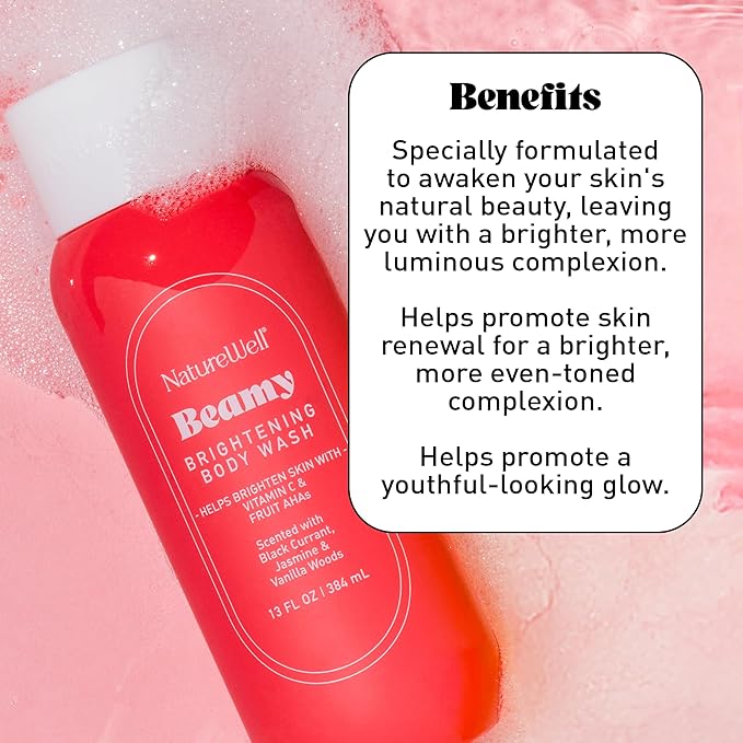 NATURE WELL Beamy Brightening & Cleansing Body Wash, Infused With Fruit AHA Blend, Vitamin C, & Mango Seed Butter, Scented With Black Currant, Jasmine & Vanilla Woods, 13 Fl Oz