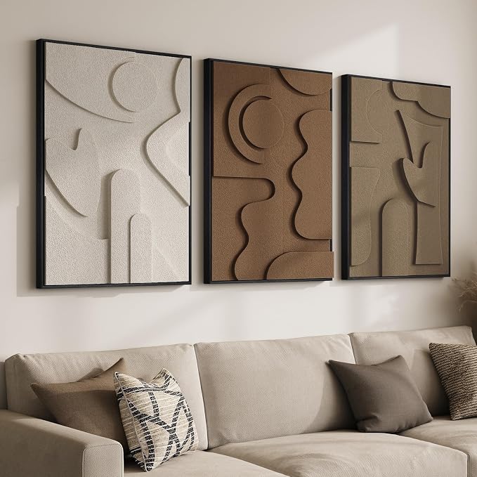 Large 3D Textured Framed Neutral Abstract Wall Art for Living Room, 3 Piece | Solid wood frames, sculptural relief forms, warm earth tones, ready to hang, big size 24x36 in, wall decor for bedroom office