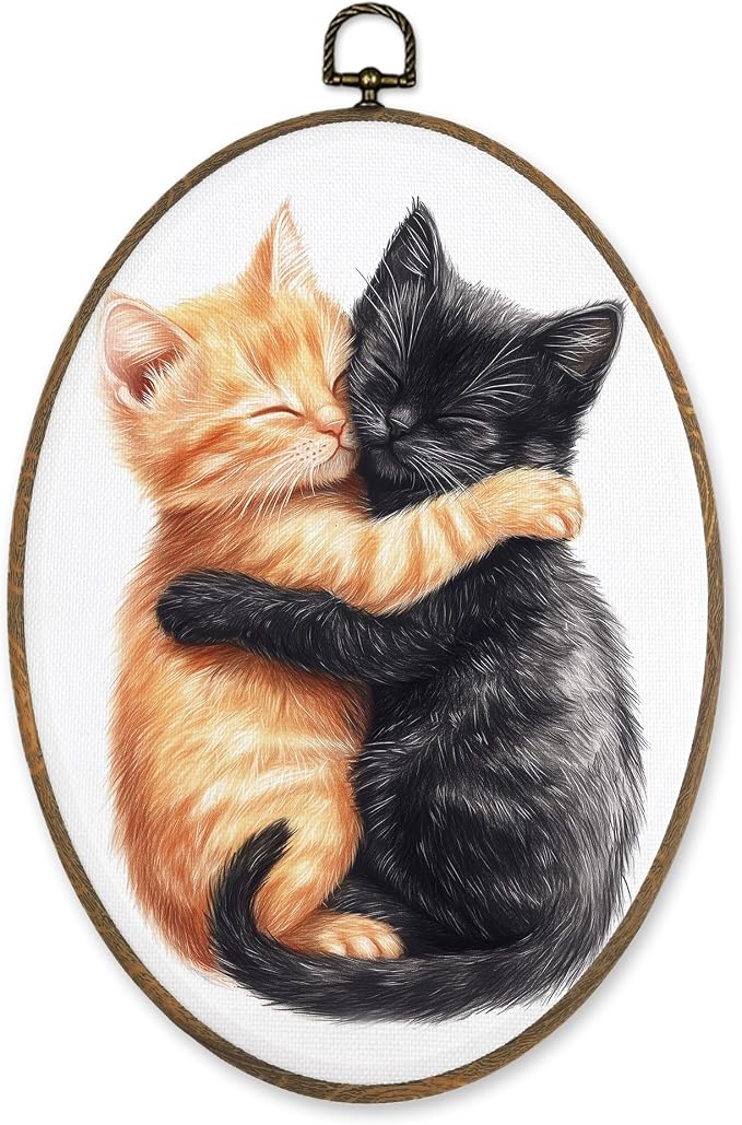 LKETW Orange and Black Cat Oval Wall Art Decor, Cute Tabby Cat Hugging Oval Canvas Hanging Decor, Kitten Wall Decorations for Home Bedroom Living Room Bathroom Office, 8.6x11.4 Inch
