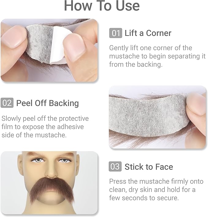 2Pcs Men Fake Mustache Realistic Mustaches Fake Facial Hair Beard for Cosplay Costume Halloween Parties