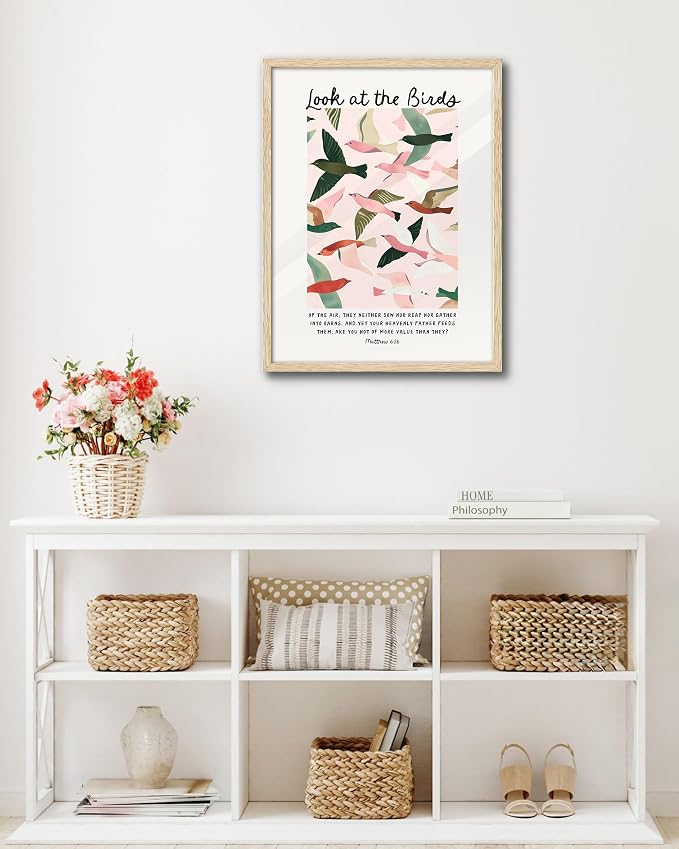 EcoHest 16x20 in Matthew 6:26 Look at the Birds Framed Christian Wall Art | Solid Oak Wood Frame with Canvas Wall Art, Scripture Bible Verse Wall Decor for Bedroom, Living Room, Office, Church, 1Pack