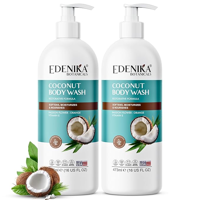 EDENIKA BOTANICALS Coconut Body Wash, Cleans, Softens & Nourishes, Ultra Moisturizing Shower Gel for Dry and Sensitive Skin, Women & Men, Organic & Natural, 16 fl oz, 2-Pack
