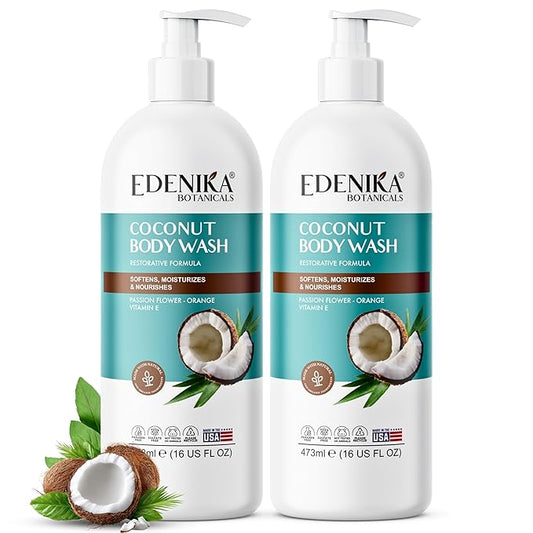 EDENIKA BOTANICALS Coconut Body Wash, Cleans, Softens & Nourishes, Ultra Moisturizing Shower Gel for Dry and Sensitive Skin, Women & Men, Organic & Natural, 16 fl oz, 2-Pack