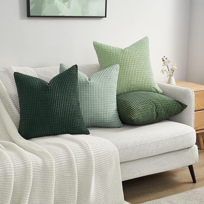Topfinel Boho SageGreen Throw Pillow Covers for Couch Living Room,Summer Green Cushion Covers Room Decorative Fluffy Corduroy,Nordic Cushion Cover 18x18 Inch Set of 4 (Green/LightGreen/OliveGreen)