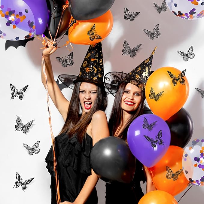SAOROPEB 3D Butterfly Wall Decor 48 Pcs Black Butterfly Decoration Sticker | 4 Styles 3 Sizes Butterfly Birthday Decorations Butterfly Party Decorations Cake Decorations, Removable Stickers