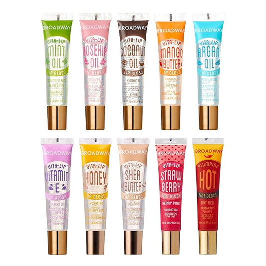 Ruby Kisses Broadway Vita-Lip Tinted & Clear Lip Gloss (10 Pack) Ultra-Hydrating & Soothing Formula, High-Shine Non-Sticky Lip Balm with Mint, Rosehip, Coconut, Mango, Argan, Vitamin E, Honey, Shea