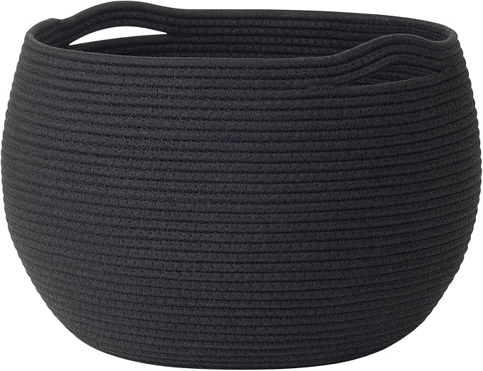 Goodpick Large Woven Storage Basket with Handles, 15.7" x 10.5", Black | Round Toy Storage for Kids, Cotton Rope Basket for Nursery Living Room, Holds Blankets, Toys & Baby Shower