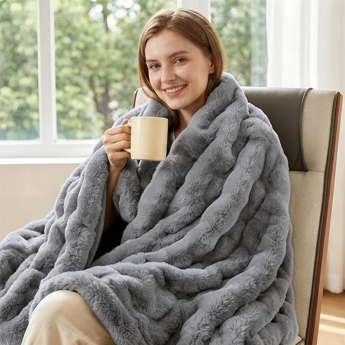 ORINOVA Gray Blanket Twin Size 60x80 Soft Fluffy Faux Fur Bed Cover Fuzzy Plush Bubble Throw for Couch Warm Cozy Bedding for Bedroom, Dorm and Guest Room Decor