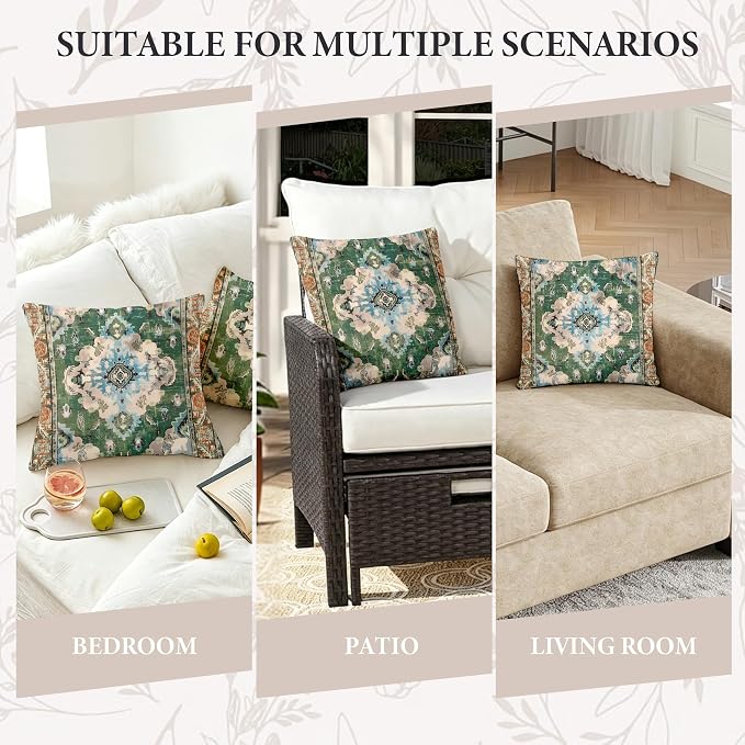 Boho Throw Pillow Covers 18x18 inch Set of 2, Soft Pillowcases Bohemia Carpet Printing Pattern Decorative Sofa Living Room Bed Square Pillow Case Cushion Cover-Green