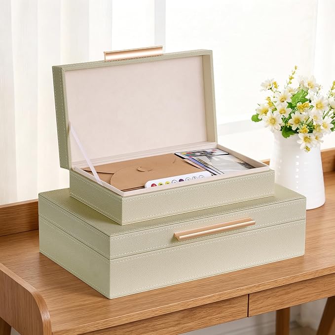 Decorative Box, Decorative Boxes with Lids 2-Set, Memory Box for Keepsakes | Beautiful PU Leather Decorative Storage Boxes in Style, Decor Box with Rose Metal Handle, Store Photos, Documents Beige