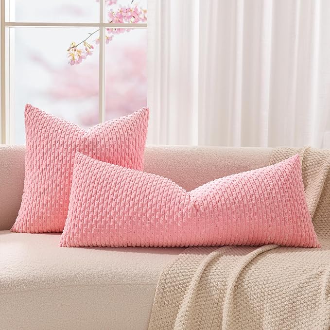 Kevin Textile Soft Corduroy 14"x36" Lumbar Pillow Cover 1 Pack, Pink | Boho Stripe Plush Corduroy Decorative Oblong Cushion Cover Modern Farmhouse Home Decor for Sofa Couch Bed Chair