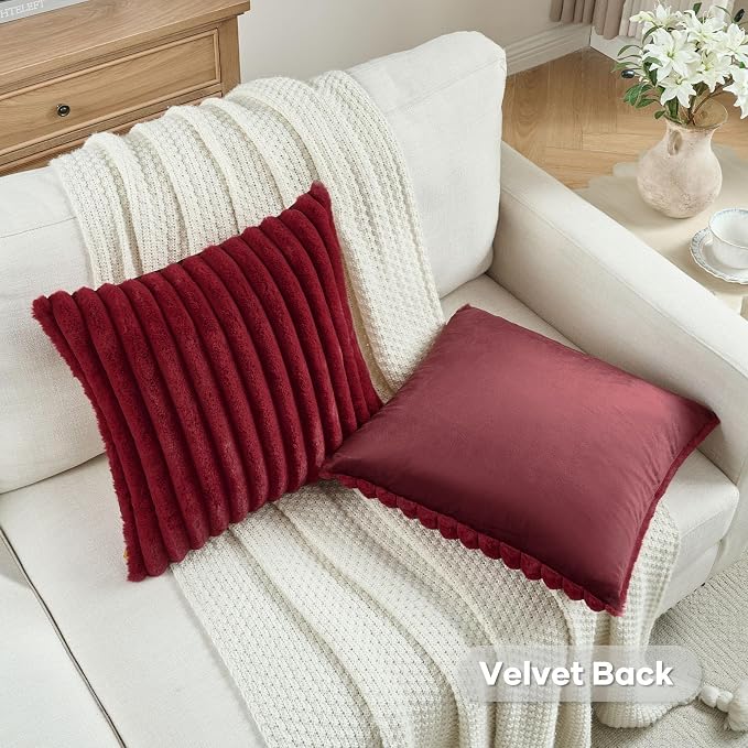 FUTEI Pack of 2 Faux Fur Throw Pillow Covers 28x28 Inch, Burgundy | Fluffy Faux Rabbit Fur Front/Premium Velvet Back,Hidden Zipper,Machine Washable,Non-Shedding,Colorfast,Insert Not Included.