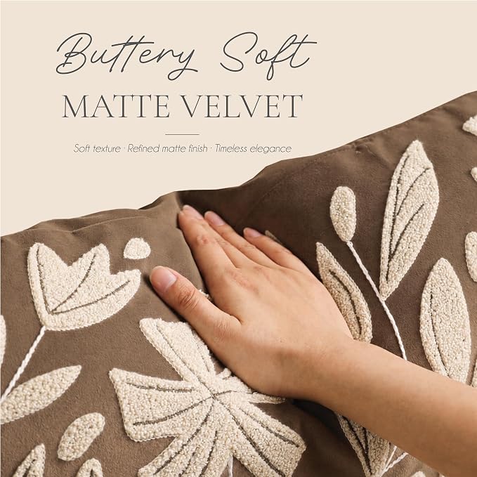 12x20 Lumbar Pillow Cover, Rectangular Brown Decorative Throw Pillowcase for Couch Sofa, Embroidered Velvet Farmhouse Accent Cushion (Cover Only)