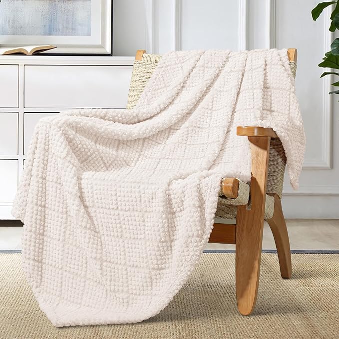 Whale Flotilla Soft Fleece Throw Blanket for Couch, Ivory White | Jacquard Waffle Blankets for Home Decor, Lightweight and Cozy, All Season Suitable, 50x60 Inch