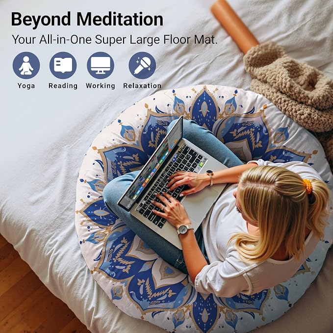 Meditation Cushion 32 Inch Round, Large Floor Pillow Seating for Adults, Bohemian Mandala Yoga Cushion, Extra Thick Memory Foam Removable Washable Cover, Ideal Gift & Holiday Decor, Blue