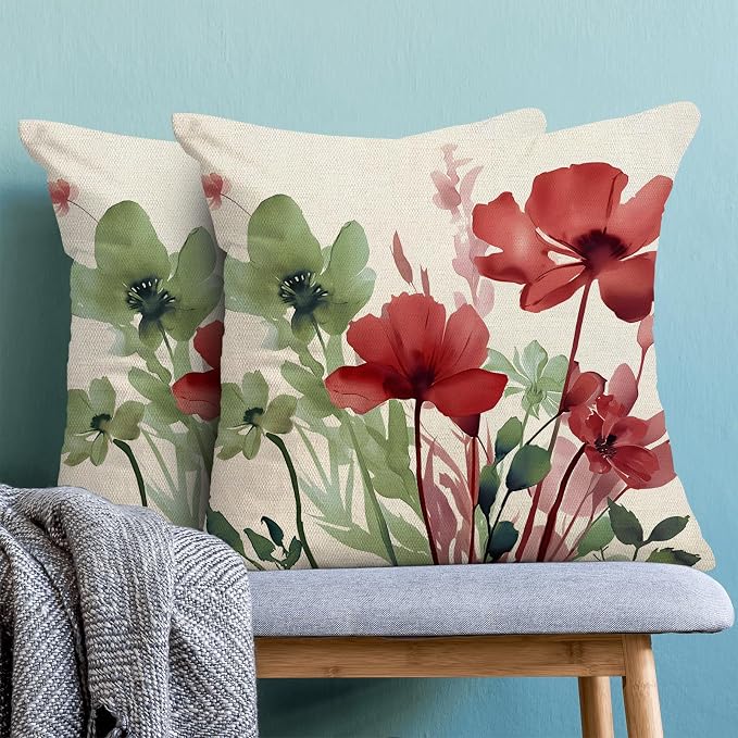 Floral Pillow Covers 18x18 Inches Set of 2 Sage Green Burgundy Red Floral Throw Pillow Covers Outdoor Rustic Summer Flower Decor Pillowcase Farmhouse Decorative Cushion Cover for Home Sofa