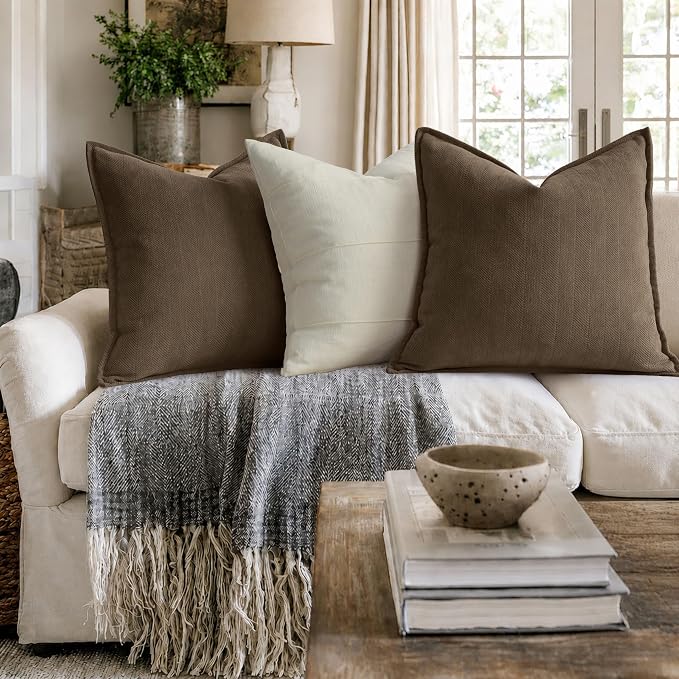 Brown Pillow Covers 20x20 Set of 2 Chenille Throw Pillow Covers with Elegant Design Soft and Luxurious Decorative Throw Pillows for Couch, Bed, and Home Decor
