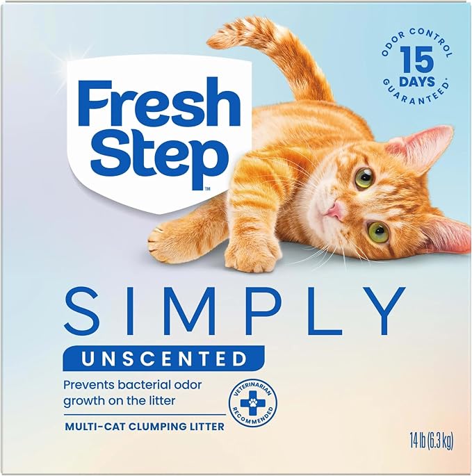 Fresh Step Simply Unscented Multi Cat Clumping Cat Litter, Low Dust, Odor Control with Activated Charcoal Tech, Compatible in Automatic Litter Boxes, 14 lb.