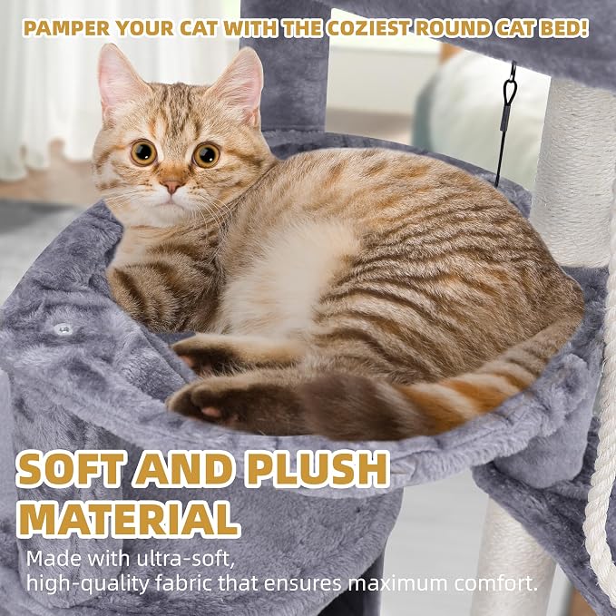 Three Layer Cat Tree with Cat Condo Scratch Pad and Two Hammocks,Grey | 3-Tier Cat Tree,Natural Sisal,Replaceable Hanging Balls,Sturdy Cat Furniture for Kitten&Adult Cat