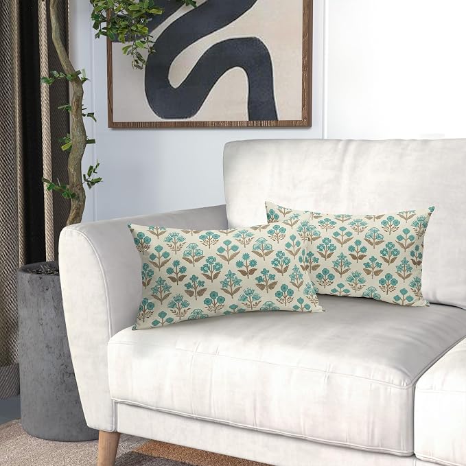 Brown Cyan Floral Pillow Covers 12x20 Inch Set of 2, Block Print Lumbar Flower Cream Decorative Throw Pillowcases Outdoor Farmhouse Rectangle Cushion Covers Spring Summer Sofa Couch Bed Decor
