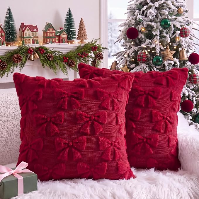 Mixweer Burgundy Bow Pillow Covers Set of 2 Preppy Room Decor Coquette Cute Spring Summer Decorative Faux Fur Soft Bowknot Stuff Fluffy Plush Aesthetic Pillowcase for Bed Sofa Couch (18 x 18 Inch)