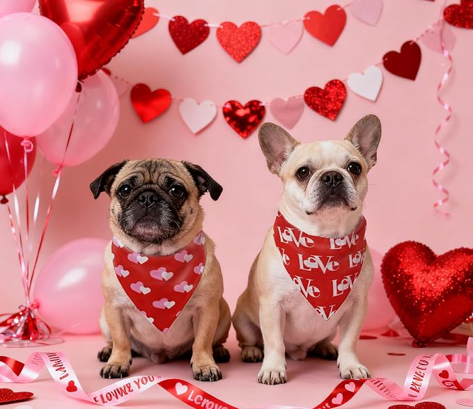Valentines Dog Bandanas 2PCS-Small,Love Pet Scarf for Boys and Girls,Heart Bandana for Weddings,Parties,and Holidays,Dog Outfit Gifts for Small Dogs and Cats(Red)