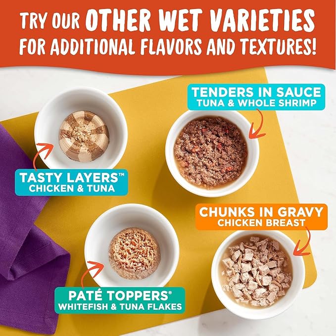 Meow Mix Classic Favorites, Wet Cat Food Variety Pack, 48 Cups | 2.75-oz. cups, three wholesome chicken, beef, or seafood combinations served in sauce