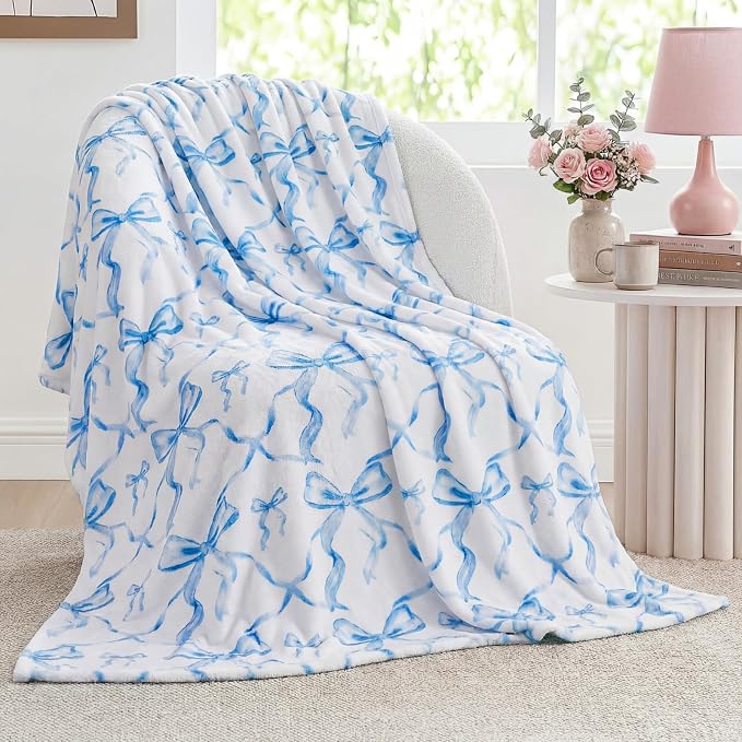 Blue Bow Throw Blanket 50"x60" Soft Flannel for Girls Women | Coquette Aesthetic Decor with Ruffled Edges, Ultra Plush Bed Sofa Blanket, Preppy Gift for Teens, Back to School Dorm Room