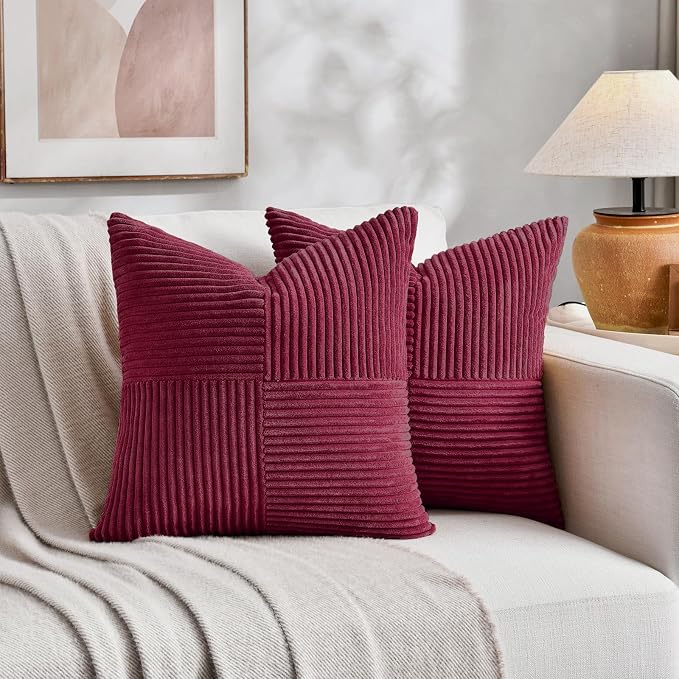 Fancy Homi 2 Packs Burgundy Samll Decorative Throw Pillow Covers 12x12 Inch with for Living Room Couch Bed, Rustic Farmhouse Boho Home Decor, Soft Corss Patchwork Corduroy Square Cushion Case 30x30 cm