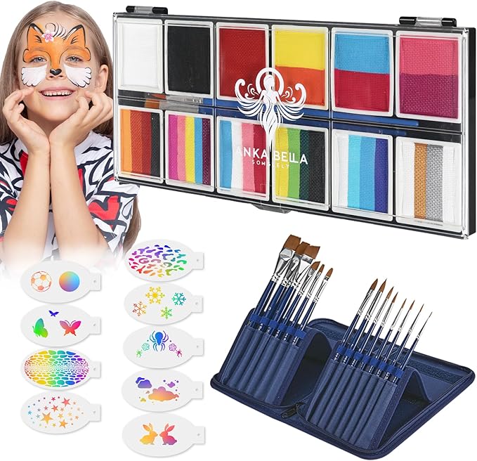 Anka Bella Professional Face Painting Kit,12X10gm Water Based Cake Face Paint with Stencil & Brushes,Hypoallergenic Safe & Non-Toxic,Gift for Birthday Parties/Halloween/Christmas